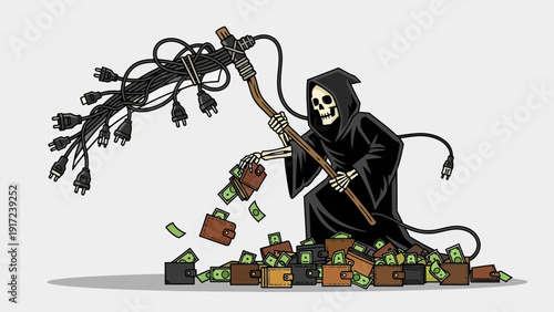 Pixelated grim reaper wielding a scythe made of tangled power cords spilling wallets