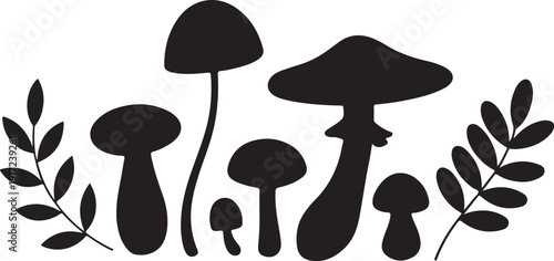 Black silhouettes of mushrooms and leaves on white background