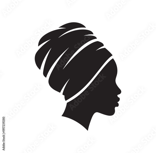 Black silhouette of a womans head wrapped in a turban from the side
