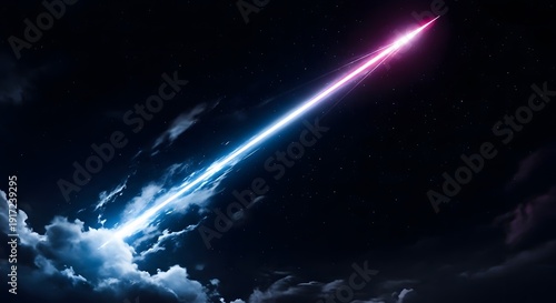 A rocket ship soaring through the night sky with vibrant blue and pink lights