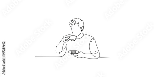 Continuous line drawing illustration of a person enjoying a cup of hot beverage like tea or coffee