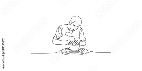 A continuous line drawing illustration of a person creating pottery on a spinning wheel