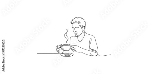 A simple line art illustration of a person enjoying a hot beverage, possibly tea or coffee, at a table.