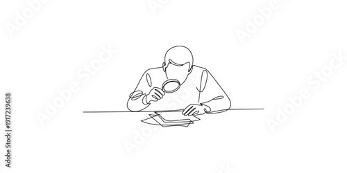 A person carefully examines documents on a desk using a magnifying glass in a simple line art drawing