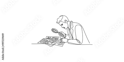 A person carefully examines details on documents using a magnifying glass in a line drawing illustration.