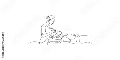 A minimalist line art illustration showing a therapist giving a head massage to a client lying down