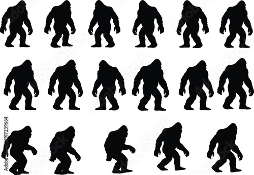 Bigfoot silhouettes collection, different walking poses isolated on white background, mysterious sasquatch cryptid creature illustration set