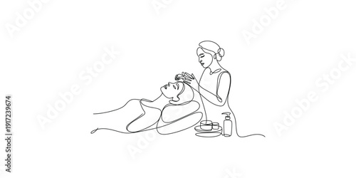 A simple line art illustration of a person receiving a relaxing head massage or facial treatment