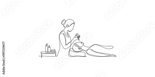 A minimalist line art illustration of a woman performing a self-care routine on her leg
