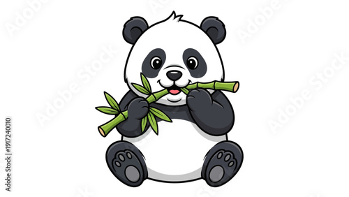Cartoon panda eating bamboo against white background