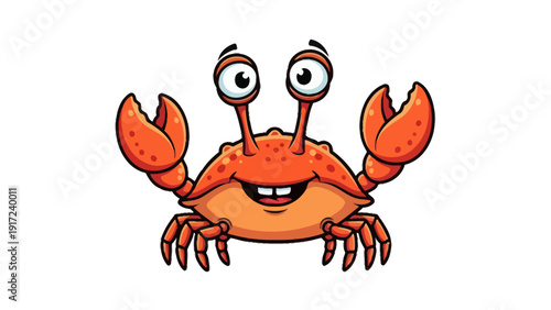 Cartoon orange crab character with wide eyes and raised claws smiling
