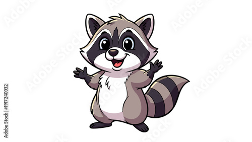 Cartoon raccoon character waving with raised arms and striped tail