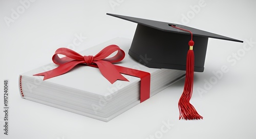 Red ribbon cap and book on white background