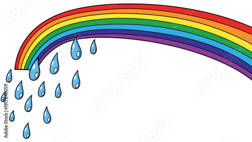 Cartoon rainbow arching across a white background with blue raindrops falling from the left side