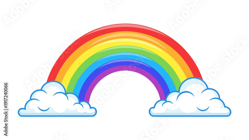 Cartoon rainbow arching between two smiling white clouds on a white background