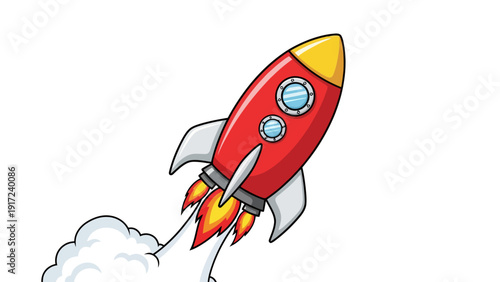 Cartoon red and yellow rocket launching upwards with white exhaust smoke