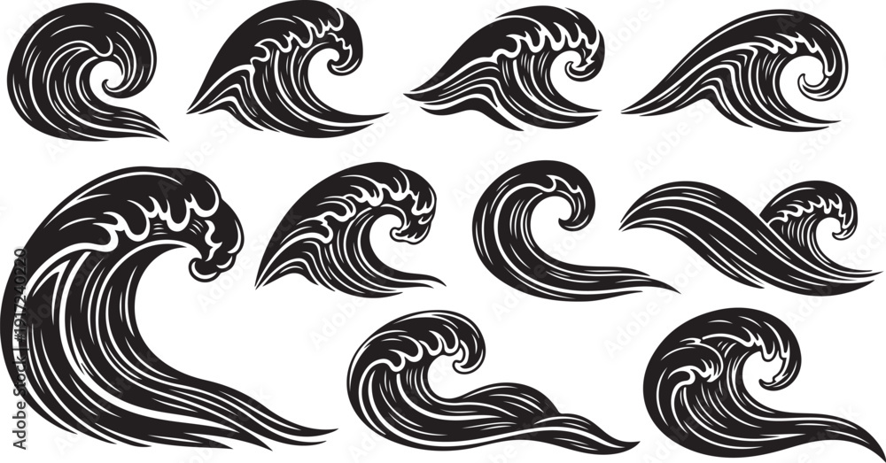 Fototapeta premium Set of black and white wave illustrations on white