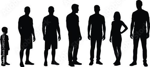 People silhouettes collection, men woman and child standing poses isolated on white background, human body profile illustration set