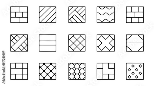 A set of fifteen simple black and white square patterns for floor or wall tiling designs.
