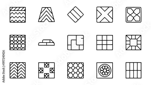 Collection of fifteen black and white line icons representing various floor tiling and paving patterns