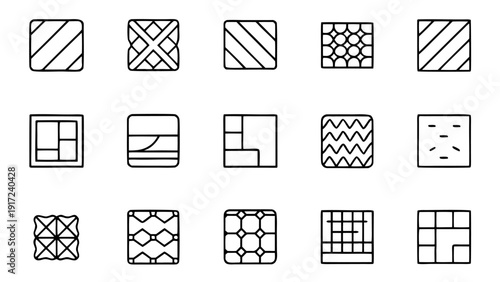 Outline linear icons illustrating diverse flooring options and associated items within a comprehensive set of 24 illustrations.