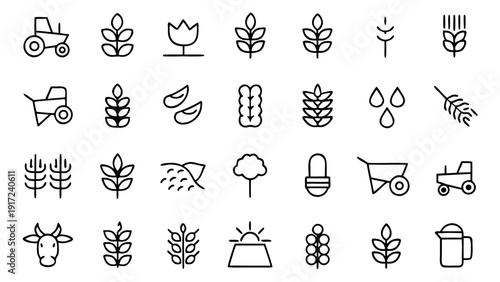 Collection of minimal black and white line icons representing various agriculture and farming symbols