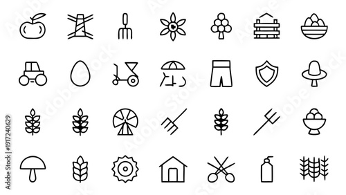 Diverse compilation of thirty thin outline vector icons showcasing different themes and items pertinent to agriculture and farming.
