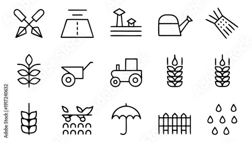 Initial collection of thirty linear outline vector icons portraying essential equipment and practices in agriculture and farming.