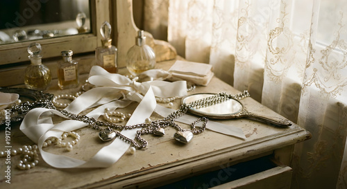 Nostalgic and romantic still life on a vintage vanity with antique perfume bottles, pearls, and a hand mirror.