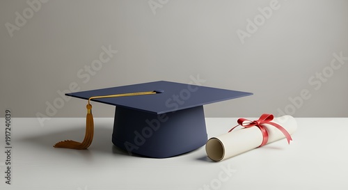 Blank Flat Lay Graduation Cap and Diploma Mockup on Desk Indoor Solid Wall Background