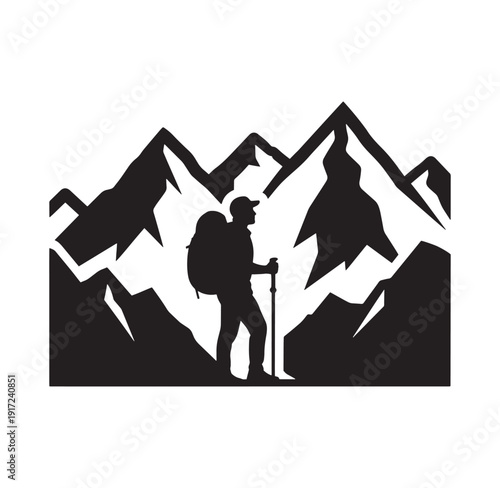 man hiking in the mountains with backpack and trekking poles silhouette