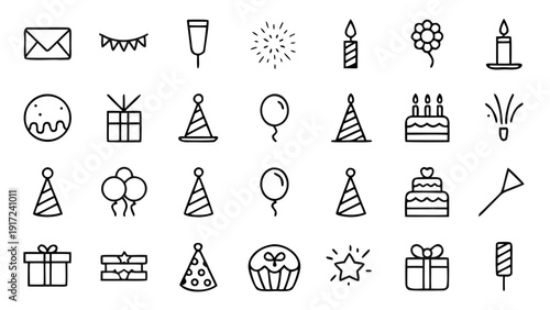 A vibrant collection of 30 outline linear icons showcasing various elements associated with birthday celebrations and festive occasions.
