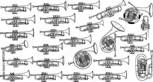 Brass Instruments Seamless Pattern: Trumpet, French Horn, Trombone and Tuba