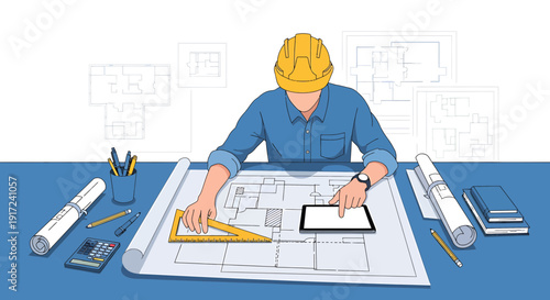 Architect drafting blueprints with tablet and digital tools, planning new building design