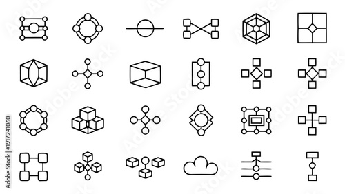 A comprehensive set of 30 outline linear icons depicting core ideas and applications within the blockchain and cryptocurrency ecosystem.