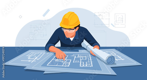Architect examines blueprints, planning building project, wearing hard hat and safety glasses