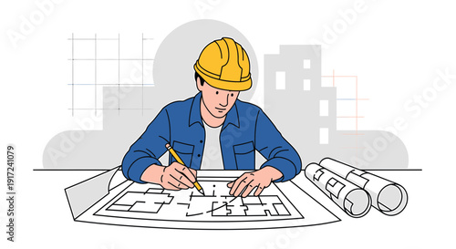 Architect drawing blueprints for building project, wearing hard hat
