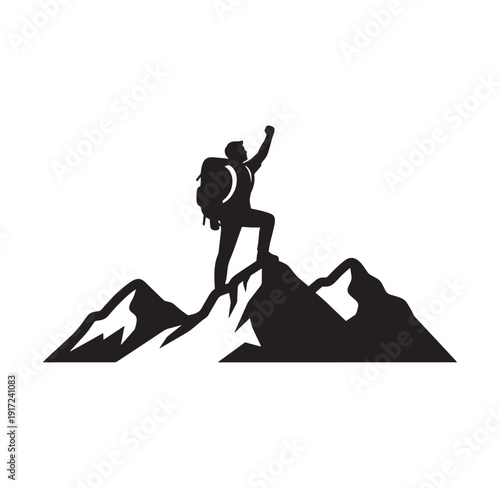 man hiking on mountain peak with backpack and raised arm in triumph and success