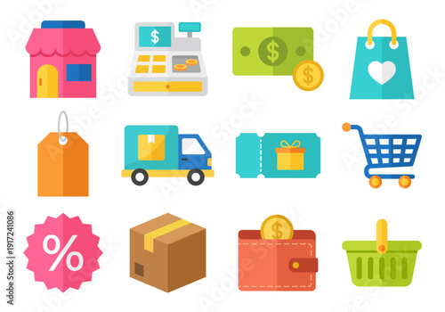 Colorful Ecommerce Shopping Icon Collection with Cart Store Wallet and Delivery Symbols