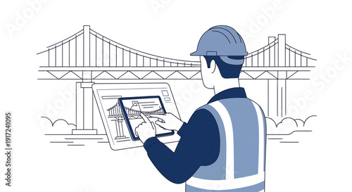 Architect Inspecting Bridge Design on Digital Tablet with Suspension Bridge Background
