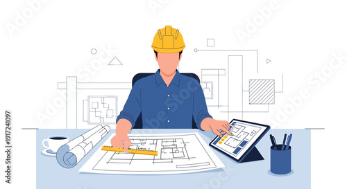 Architect or designer with blueprints and tablet, planning building project