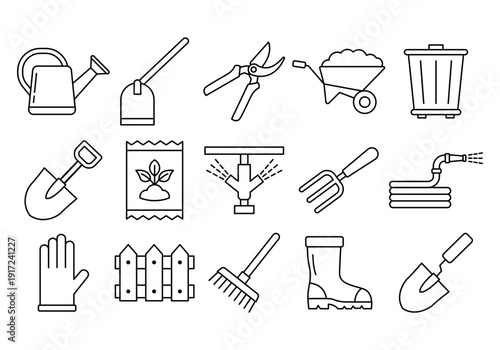 Gardening Outline Icon Collection with Shovel Rake Wheelbarrow Fence Tools