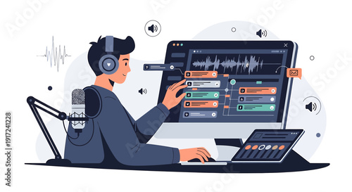 Audio Editing Software: Person mixing sound waves on computer screen