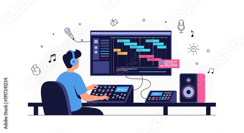 Audio Editing Station: Person Mixing Sound on Computer, Music Production