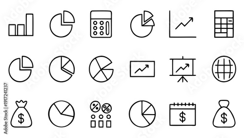 Set of 30 linear vector icons for budgeting and estimation, covering financial assets, debt, forecast, and economic calculations.
