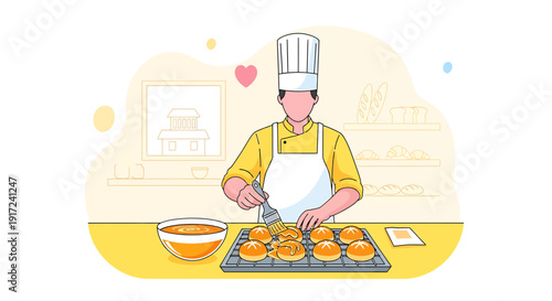 Baker decorating pastries with glaze, flat design illustration
