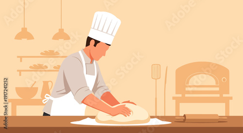 Baker Kneading Dough in Kitchen - Bakery Preparation Scene