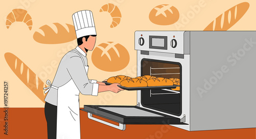 Baker placing bread into oven, baking delicious pastries and loaves