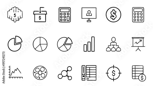 Set of hand drawn business and finance icons featuring various charts graphs and money symbols