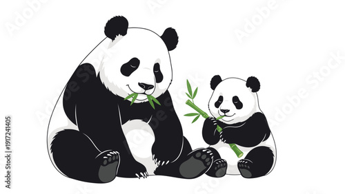Illustration of a panda and a cub sitting and eating bamboo shoots against a white background with a cute and playful mood.